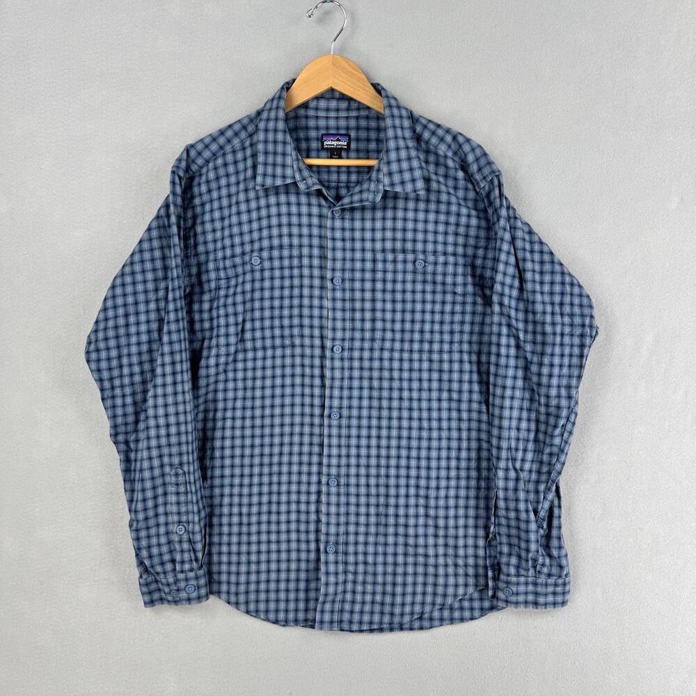Patagonia Shirt Mens Large Blue Plaid Organic Cotton Long Sleeve Button Up
